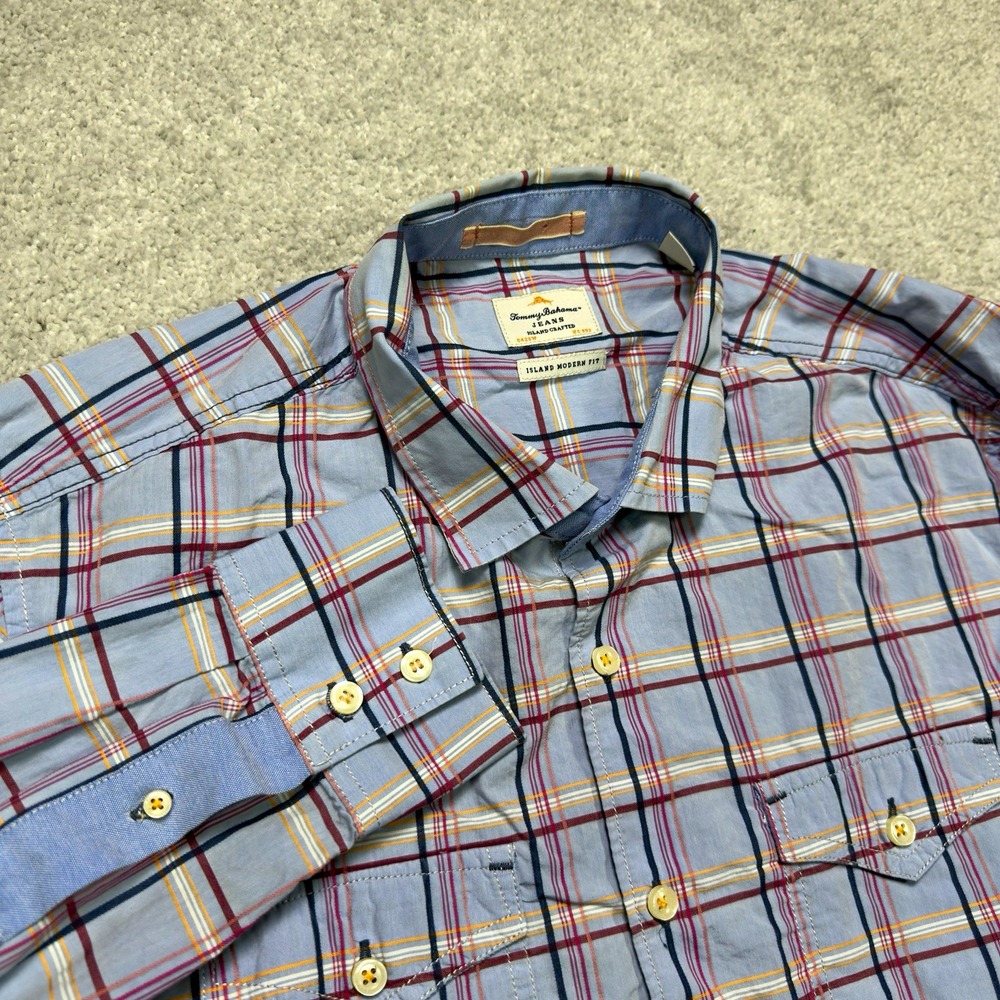 Tommy Bahama Jeans Mens L Blue Plaid Button Up Shirt Long Sleeve Double Pocket
